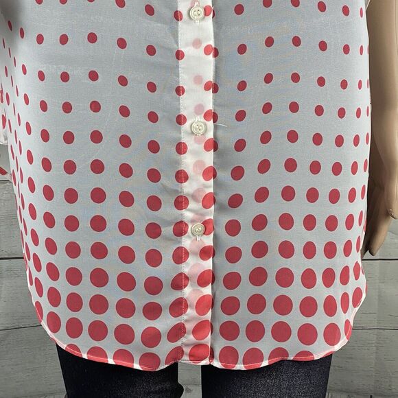 I.N. Studio Blouse XL Sheer White Pink Polka Dot Roll Tab Sleeves - Picture 8 of 12